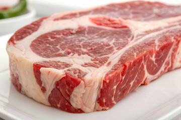Close up of raw beefalo meat with red and white marbling on a fresh plate for cooking