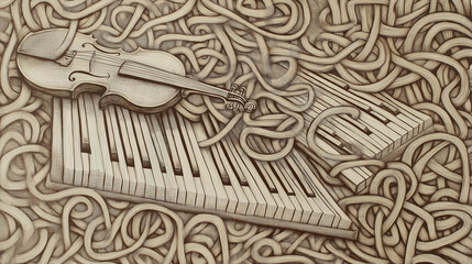 Obraz premium An intricate and surreal pen-style illustration blending a violin, piano keys, and tangled cords - Generative AI