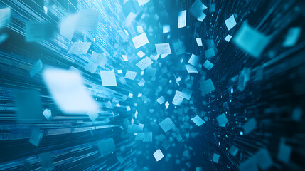 Blue digital art with floating data blocks and white paper