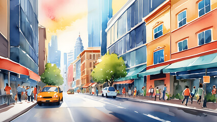 Obraz premium Watercolor Painting of a Busy City Street with Cars and People