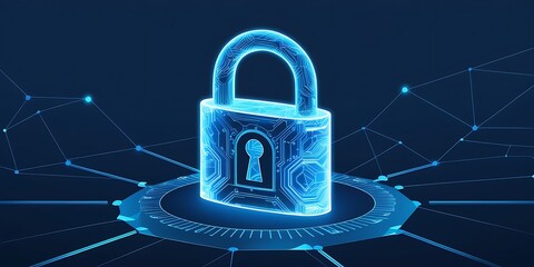Futuristic digital padlock with a glowing blue circuit design, representing cybersecurity, data protection, encryption, and network security in a technology-driven environment
