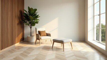 Fototapeta premium Serene Minimalist Living Room Interior Design Featuring a Comfortable Armchair and Footrest, Accented by a Stylish Plant and Natural Wood Wall Paneling