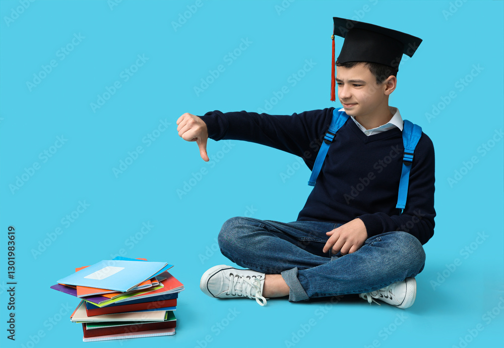 Poster schoolboy in graduation hat with different stationery showing thumb-down gesture on color background