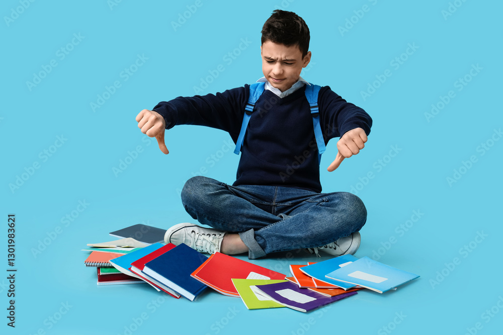 Poster schoolboy with different stationery showing thumb-down while sitting on color background