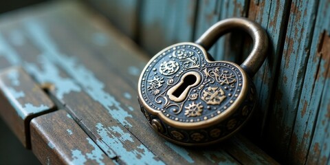 A heart-shaped antique padlock rests on a weathered, teal-painted wooden surface, its intricate brass and dark metal detailing showcasing a timeless design.