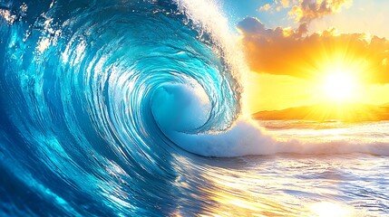 A powerful ocean wave curling into the shape of 90%, with foamy textures and deep blue hues, illuminated by golden sunlight.