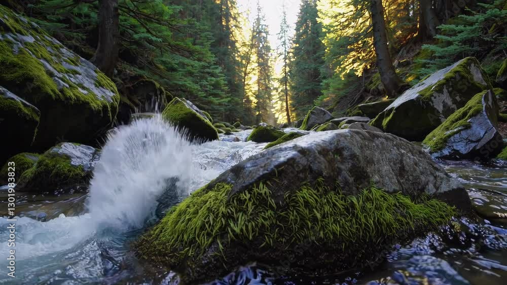 Poster moss-covered rocks in forest stream with sunlight through trees. nature tranquility concept