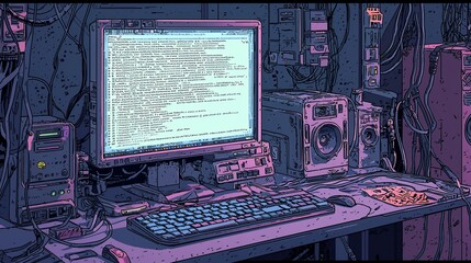 Retro computer setup, coding, dark room, cyberpunk style, tech illustration