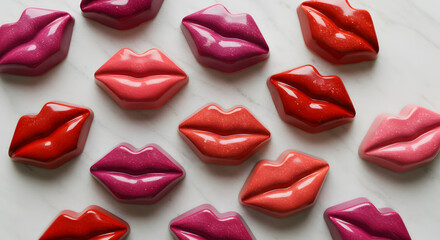 Delicious red pink coral lip shaped chocolates sweet treats lips food kiss on transparent background