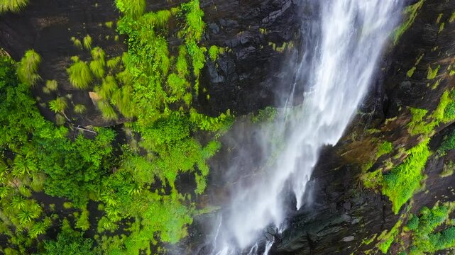 Aerial view of tropical waterfall in the jungles of Sri Lanka. Diyaluma Falls.