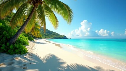 Tropical Paradise Serene Beach Scene with Lush Palm Trees and Azure Ocean Waters