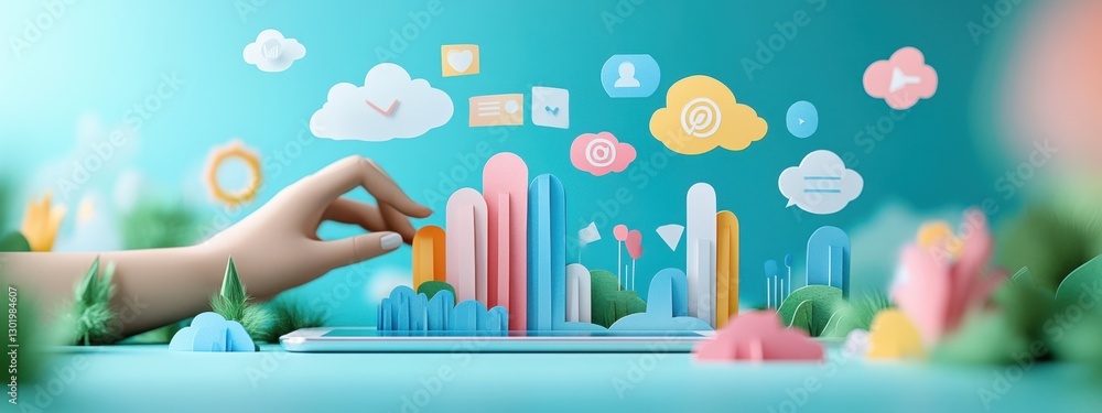 Poster creative interpretation of a digital cityscape with colorful elements and engaging icons
