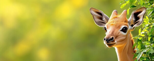 Adorable Baby Antelope Peeking Through Green Leaves