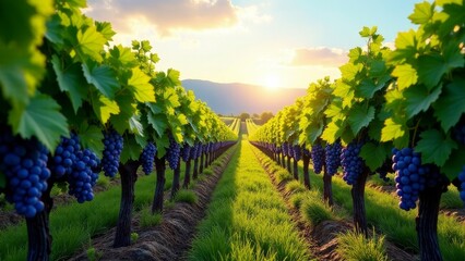 Naklejka premium Serene Vineyard Rows at Sunset Lush Grapevines Heavy with Ripe, Dark Fruit, bathed in the Golden Light of the Evening Sun, creating a picturesque landscape.