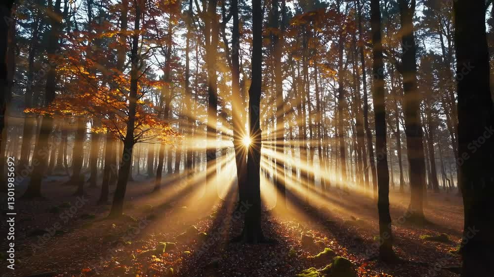 Poster Sunlight streaming through autumn forest creating mystical atmosphere. Nature concept