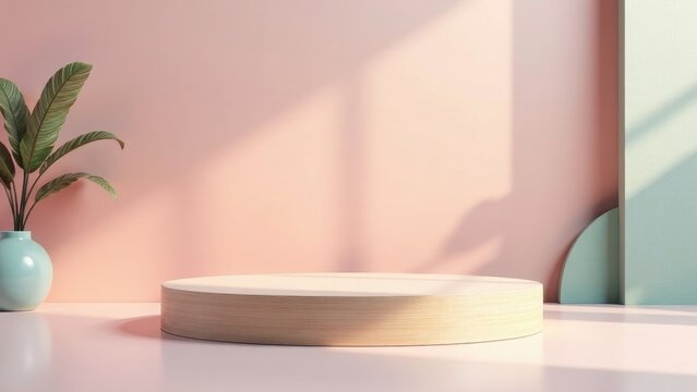 Pastel-colored minimalist studio backdrop featuring a light wood cylindrical display platform, illuminated by soft sunlight, beside a leafy green plant in a light blue vase.