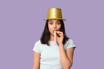 Beautiful young shocked woman in funny disguise with whistle on purple background. April fool's day celebration