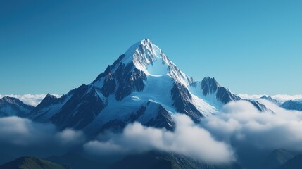 Majestic Snow-Capped Mountain Peak Surrounded by Soft Clouds and Clear Blue Sky in Bright Daylight