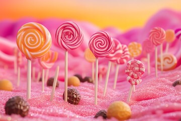 Colorful lollipop landscape with chocolate truffles on pink sugar field at sunset