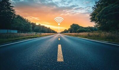 Wifi Signal Over Empty Road in Scenic Sunset Landscape