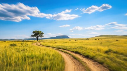 Obraz premium A sun-dappled dirt road meanders through lush greenery, framing an idyllic escape amidst nature's embrace, where tranquility meets adventure