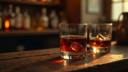 Fototapeta premium Golden Hour Spirits Two Glasses of Amber Liquid Resting on a Rustic Wooden Surface with a Blurred Background of Liquor Bottles