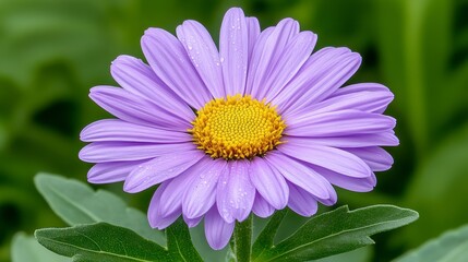 Fototapeta premium Close Up of a Dewy Light Purple Daisy Flower with Yellow Center