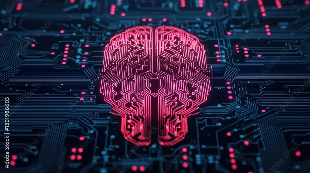 Poster futuristic digital brain with circuit patterns glowing in pink and blue on a technological backgroun