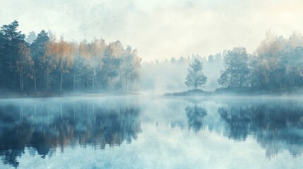Fototapeta premium Misty Autumn Lake Reflections: A Serene Panorama of Nature's Tranquility