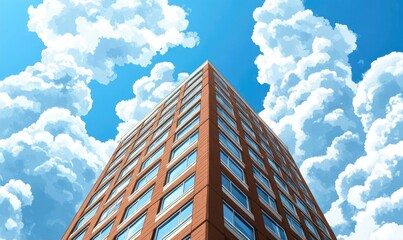 Skyscraper Reaching for the Sky Amidst Fluffy White Clouds