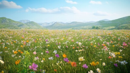 Fototapeta premium Serene Spring Meadow Landscape: Vibrant Wildflowers Blooming Under Blue Sky