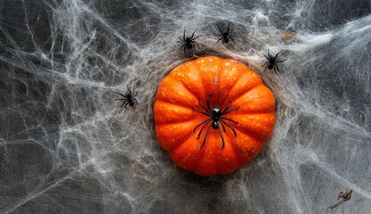 Halloween pumpkin with spiders on a web.