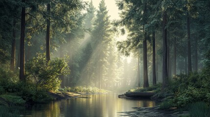 Obraz premium Enchanted Forest River: A Serene Sunrise