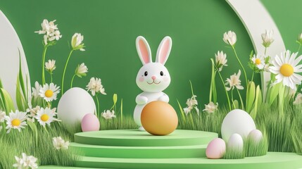 Obraz premium Spring easter podium background with golden eggs and flowers, 3d product display scene for holiday sale, festive nature mockup with green grass, bunny rabbit stage for cosmetic or greeting card poster