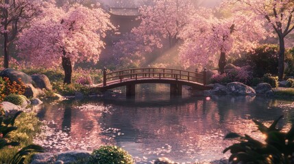 Fototapeta premium Serene Japanese Garden: Tranquil Pond and Cherry Blossoms