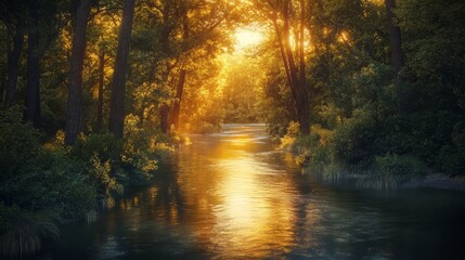 Obraz premium Golden Hour River Serenity: A tranquil river flows through a lush forest bathed in the warm glow of sunset.