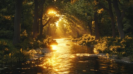 Obraz premium Golden Hour River Scene: Tranquil Sunset by the Water