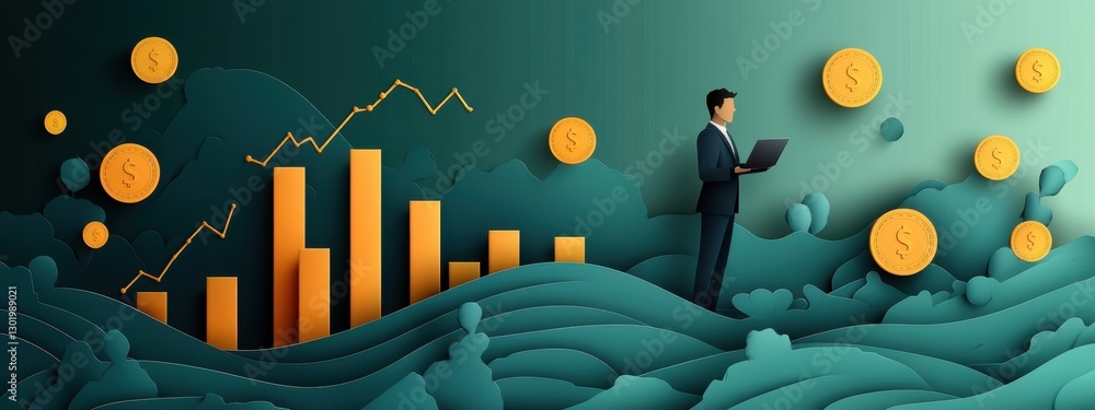 Poster a visual representation of financial growth and success with graphs and currency symbols in a modern
