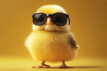 A cheerful yellow chick in sunglasses, perfect for spring celebrations, Easter marketing, or playful design themes, evoking humor and joy.