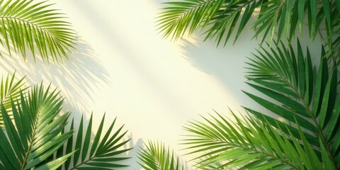 Obraz premium Lush Green Palm Fronds Arranged in a Frame Against a Soft Beige Background, Creating a Vibrant and Serene Natural Border