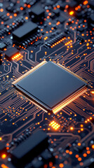 Fototapeta premium Semiconductor chip. Close-up of a circuit board with a central processing unit and glowing elements.