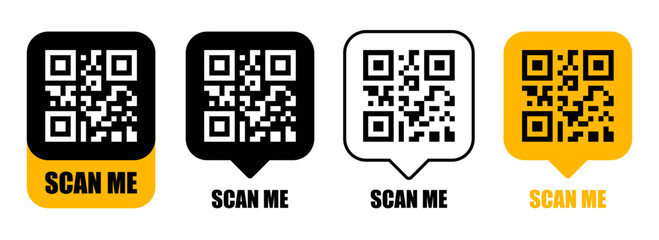 Qr code frame set. Qr code mockup. Template scan me Qr code. Mobile payment and identity. Vector illustration.