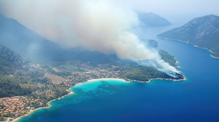 Fototapeta premium Aerial view of a wildfire spreading near Marmaris, thick smoke visible over the turquoise sea.