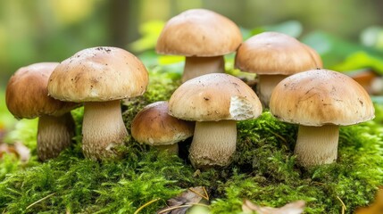 Autumn forest floor covered in green moss and scattered Boletus mushrooms, with a soft-focus background.