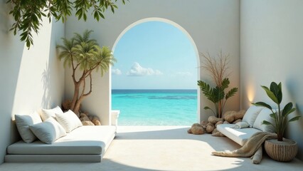 Naklejka premium Serene Coastal Relaxation White Minimalist Patio with Ocean View and Lush Greenery