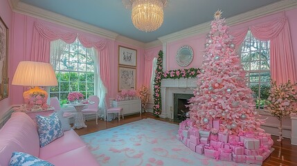 Pink Christmas Tree in Elegant, Pastel-Colored Room