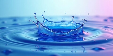 A mesmerizing vibrant blue water droplet crown impacting a tranquil surface, creating concentric ripples and a captivating display of liquid dynamics