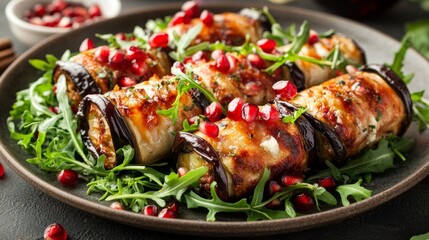 Grilled Eggplant Rolls Stuffed with Cheese and Pomegranate Seeds on a Bed of Fresh Arugula for a Delicious Healthy Eating Concept