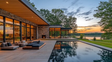 Obraz premium Modern Lakeside Home Patio with Pool at Sunset