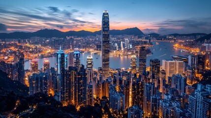 Fototapeta premium Hong Kong Skyline Night Cityscape Urban Twilight Buildings Asia